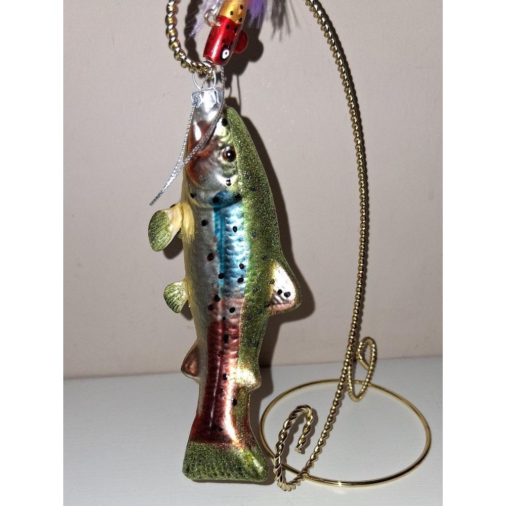 Vintage Blown Glass Rainbow Trout Fish Christmas Ornament w/ Fishing Lure 6"